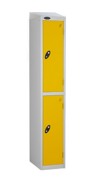 two door steel locker yellow doors sloping top
