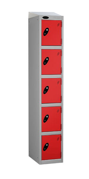 5 Door Steel Locker with red doors sloping top