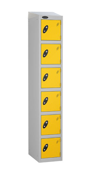 6 Door Steel Locker with yellow doors sloping top