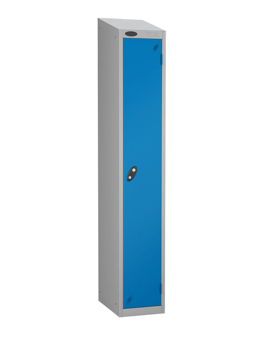 Steel locker with blue door sloping top