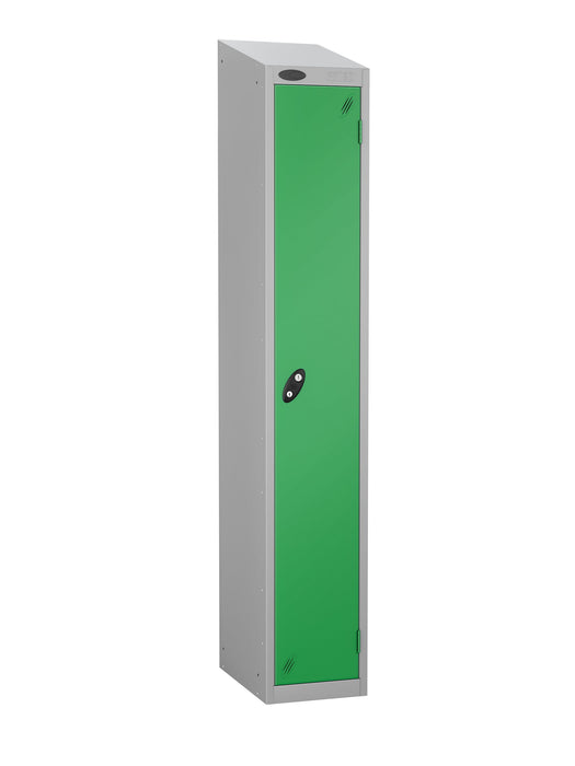 Steel locker with green door sloping top