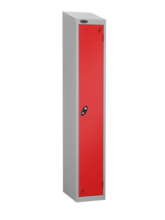 Steel locker with red door sloping top