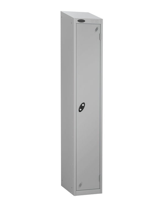 Steel locker with grey door sloping top