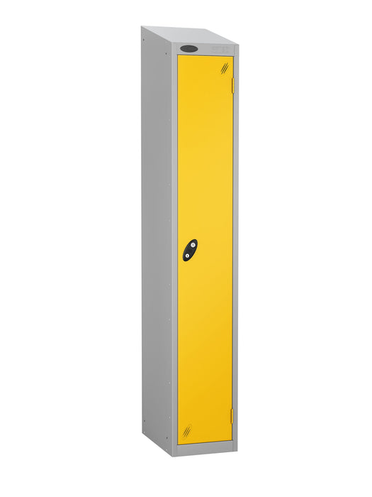 Steel locker with yellow door sloping top