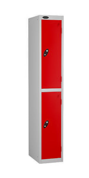 two door steel locker red doors