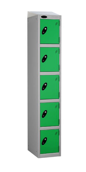 5 Door Steel Locker with green doors sloping top