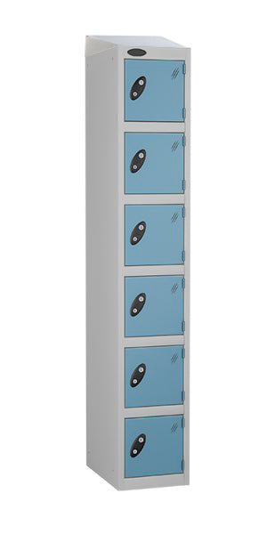 6 Door Steel Locker with blue doors sloping top