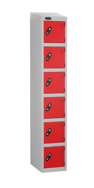 6 Door Steel Locker with red doors sloping top