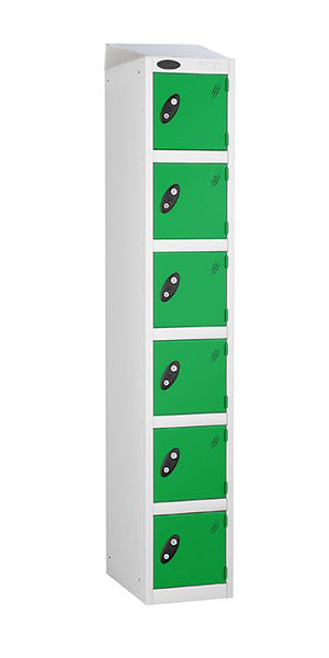 6 Door Steel Locker with green doors sloping top