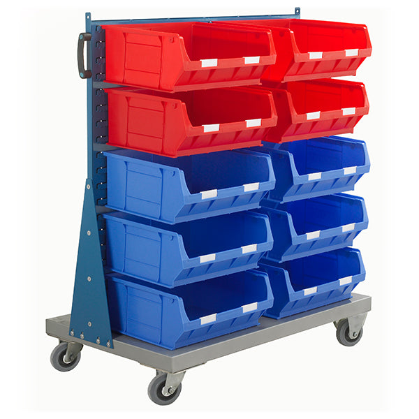 Mobile Small Parts Trolley with Red and Blue Small Bins 