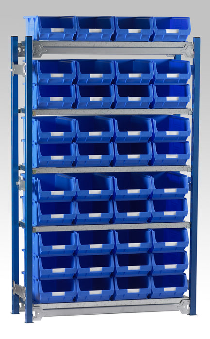 Single starter bay shelving kits for small parts bins in blue