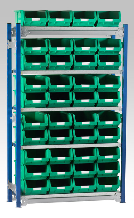 Single starter bay shelving kits for small parts bins in green