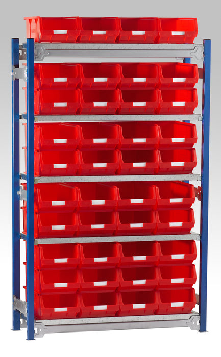 Single starter bay shelving kits for small parts bins in red