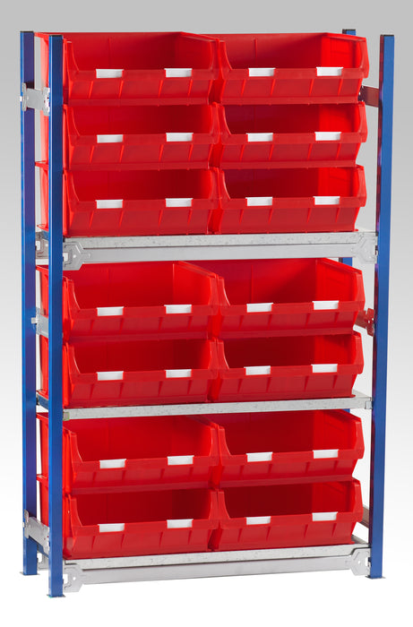 Single starter bay shelving kits for small parts bins in red
