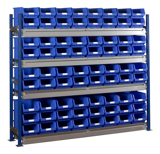 longspan storage shelving bays with blue small parts bins