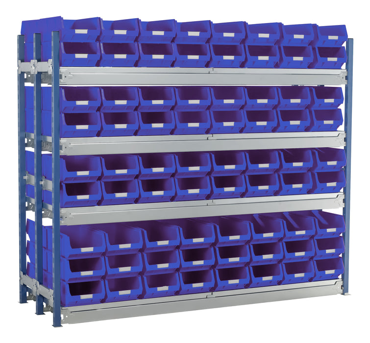 Double longspan storage with blue small parts bin
