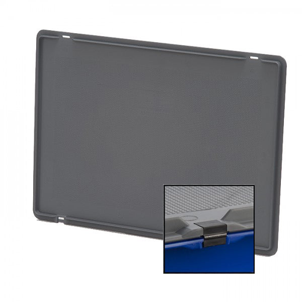 Hinged lid manufactured from grey food approved material
