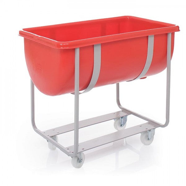 red plastic trough with mobile metal frame