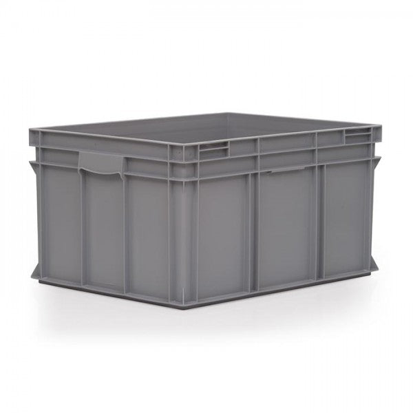 Large grey Euro-norm stacking box designed to save space