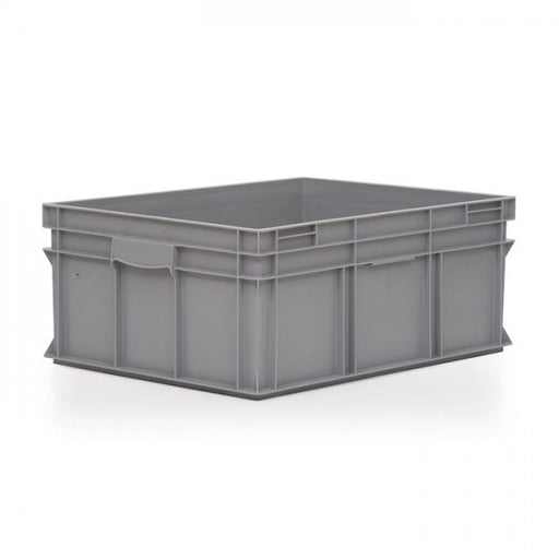 Grey Euro-norm stacking box designed to save space